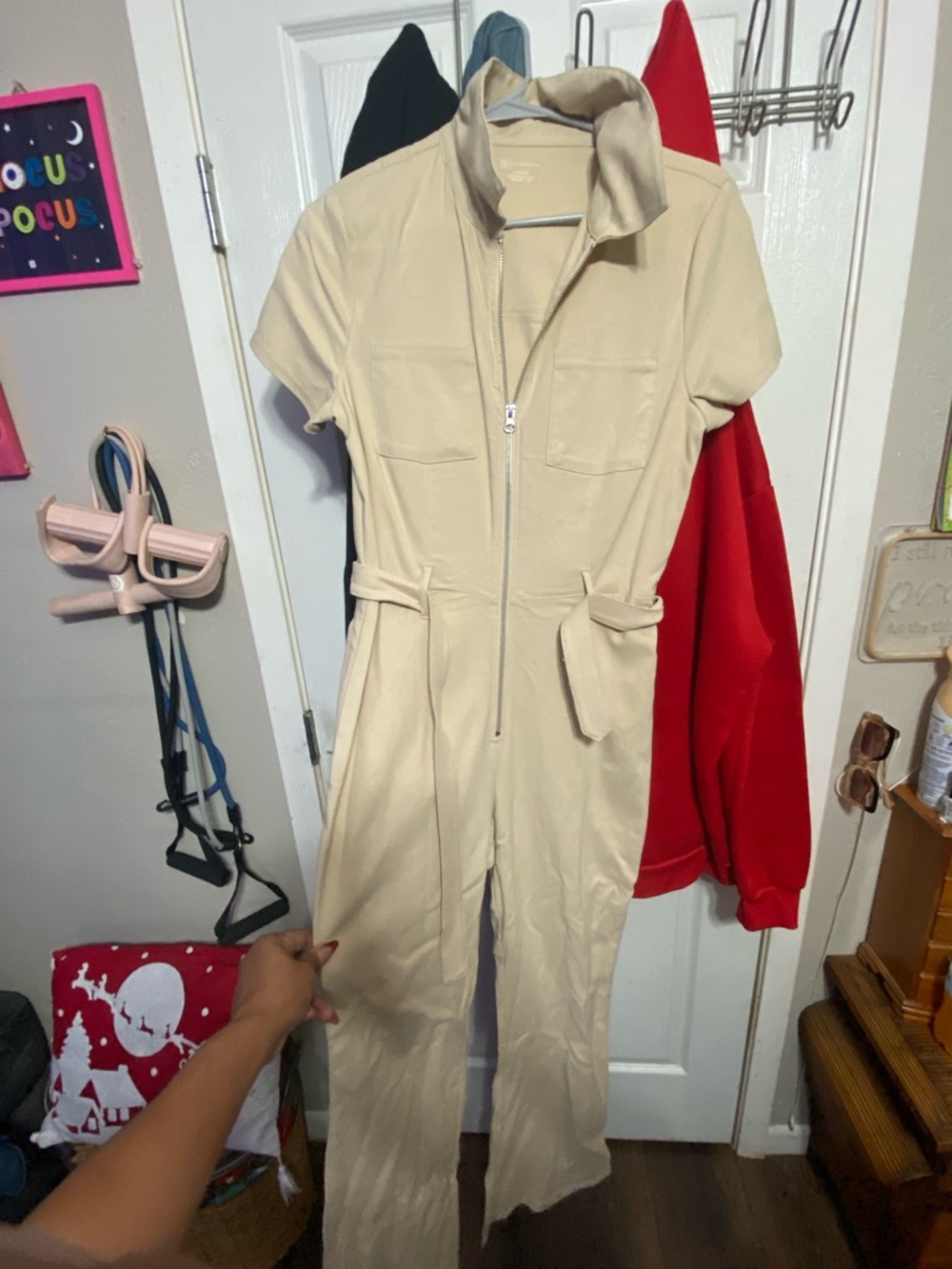No Boundaries Cream Zip-Front Short-Sleeve Jumpsuit